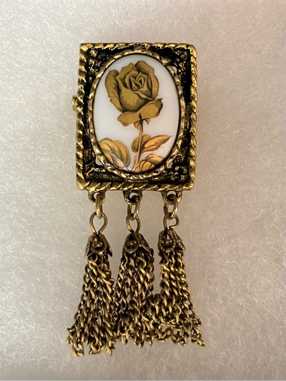 Vintage Victorian Revival Rose Tassel Brooch Antiqued gold tone floral pin